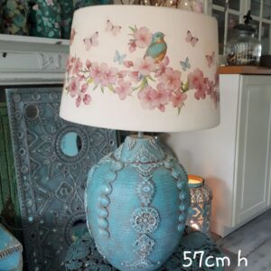 Metalen lampenvoet turquoise groen met bedrukte kap 57cm hoog